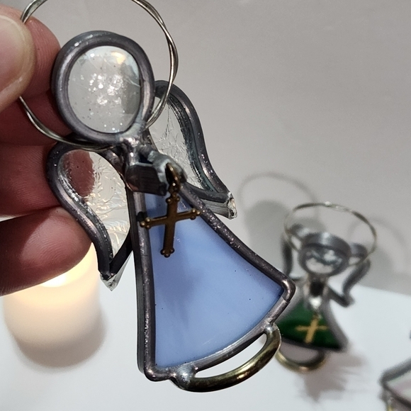 Pewter and Glass tiny Angels holding Goldtone Cross Pink Green Blue - Picture 3 of 15